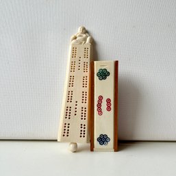 Wow! Vintage Chinese Ivory Cribbage Board And Mini Dominos (MB)