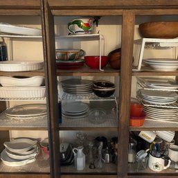 Kitchen Cabinet Lot: Bakers, Plates, Mugs, Wooden Bowls, Oil Vinegar Carafes, Vintage Corelle, Etc