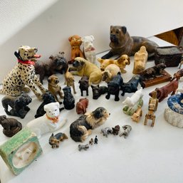 Large Lot Of Dog Vintage Dog Figurines Made Of Metal, Wood, Cloth & Ceramic (MT)