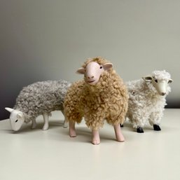 Trio Of Adorable Ceramic & Wool Sheep Figurines (attic)