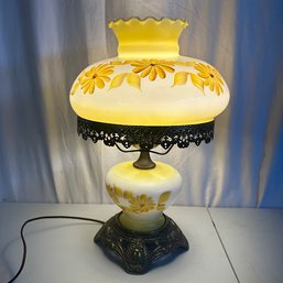 Vintage Painted Glass Yellow Floral Hurricane Lamp