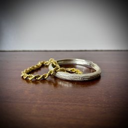 Pair Of Bracelets: Gold Rope Bracelet, Silver Etched Bangle (b2)