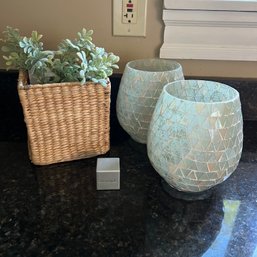 Decorative Mosaic Glass Candle Holders And Basket With Faux Foliage (Kitchen)