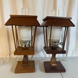Pair Of Vintage Wooden Outdoor Style Table Lamps