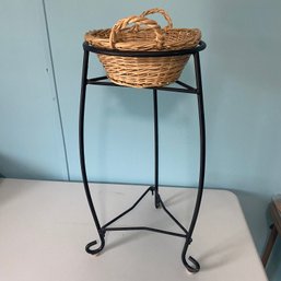 Wrought Iron And Wicker 2' Tall Tripod Plant Stand (BR)