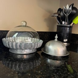 Metal Tray With Cloche, Pewter Dish And Kitchen Utensils (Kitchen)