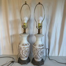 Pair Of Vintage Frosted Glass And Metal Table Lamps