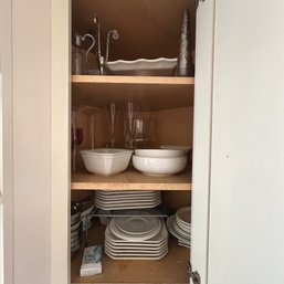 Kitchen Cabinet Lot: White Dishes, Metal Bowls, Serving Items (Kitchen)