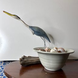 Vintage Wooden Seabird Sculpture With Pottery Bowl Of Seashells (b2)