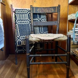 Vintage Stenciled Rush Seat Chair With Wooden Blanket Holder (bed1)