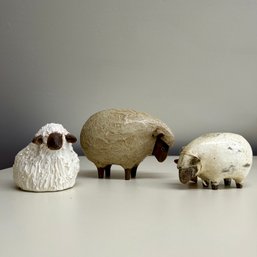 Gorgeous Trio Of Sheep Figurines, Ceramic, Wood, Paper Mache (attic)