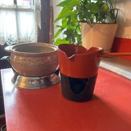 Vintage Copco Cast Iron Fondue Set (no Sticks) & Stoneware Crock With Metal Stand (kitchen)