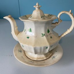 Vintage Ceramic Teapot With Delicate Green Leaves & Plate (BR)