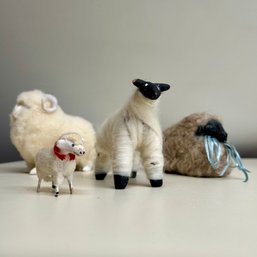 Collection Of 4 Felted Wool Sheep Figurines, Various Sizes And Styles (attic)