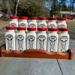 Set Of 12 Vintage Griffith's Milk Glass Spice Jars In Wooden Rack (Garage)