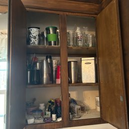Kitchen Cabinet Lot: Misc Glassware And Travel Coffee Mugs, Flour Tin, Straws, Etc (Kitchen)