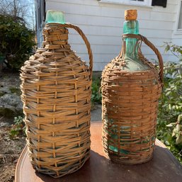 Pair Of Vintage Wicker Wrapped Demijohn Wine Jugs