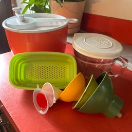 Lot Of Vintage MCM Style Copco Salad Spinner, Funnels, Pampered Chef Measuring Cup, Collapsible Strainer