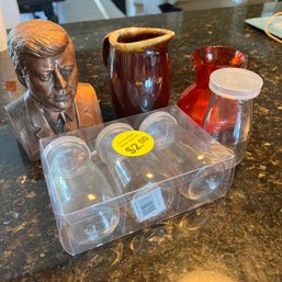 Assorted Odds And Ends: Metal Bank, Hull Pottery Pitcher, Etc. (Kitchen)