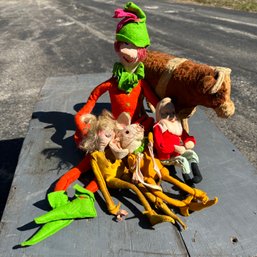 Assorted Vintage Stuffed Toys Including Elves, Cow, & More (Garage)
