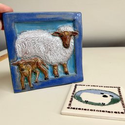 Pair Of Decorative SHEEP Art Tiles: H.GOFF Ceramic Folk Tile Plus H&E Smith English Tile (attic)