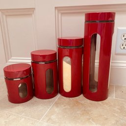 Set Of 4 Red, Metal & Glass Kitchen Canisters With See Through Sides (FR)