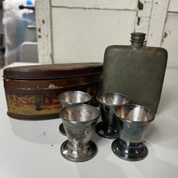 Vintage Flask, 4 Small Cups And Tin (OA)