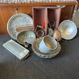 Assorted VIntage Metal Cookware, Copper Candleholder, Wooden Basket With Handle, And More (BR)