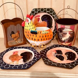 Rooster Themed Dishes, Tin & Whimsical Wheeled Planter (Porch)