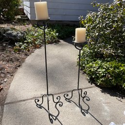 Pair Of Beeswax Candles With Iron Candle Holders