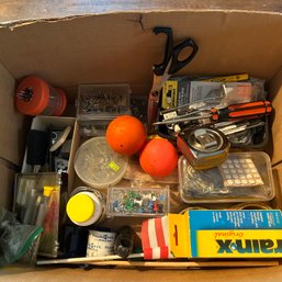 Box Of Misc Hardware Items: Push Pins, Eyeglass Repair, Paperclips, Hooks, Etc (27210) (Kitchen)