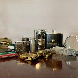 Lot Of Vintage Items: Remy Martin Flask, Lighters, Belt Buckles, Etc (bed1)