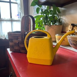 Pair Of Cute Vintage Yellow Watering Can And Wooden Basket With Contents (kitchen)