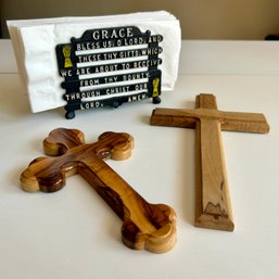 Cast Iron GRACE Napkin Holder Plus Two Stunning Wooden Crucifix (DR)