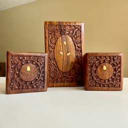 Wow! Trio Of Gorgeous Hand Carved Wooden Boxes With Floral Inlay (DR)
