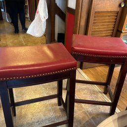 Pair Of Red Backless Counter Height Upholstered Stools (kitchen)