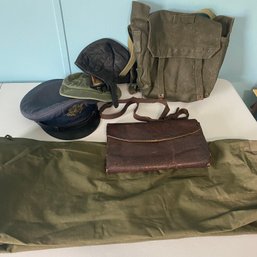 Lot Of Vintage Miltary Hats, Helmet, Laundry Bag & Backpacks (BR)