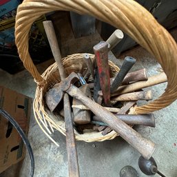 Basket With Assorted Hammers, Hammer/Axe Heads, Handles