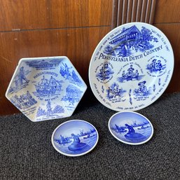 Four Blue & White Decorative Plates - Massachusetts, Pennsylvania, And Denmark  (BR)