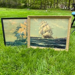 Pair Of Vintage Framed Signed Ship Art (Bsmt Fridge)