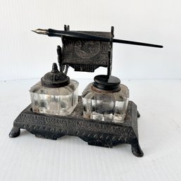 Antique Cast Iron Inkwell Stand, Double Inkwell - See Notes