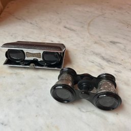 Pair Of Antique Silver Opera Glasses And Fold Down Coated Lens Binoculars (LRoom)
