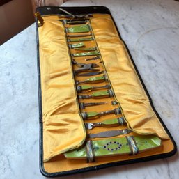 Vintage Bakelite CelluloidManicure Kit W Folding Leather Tool Case With Silk Lining, Embossed Leather (LRoom)