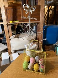 Lot Of Easter Decorations - Easter Tree & Ywllow Basket With Faux Large Eggs (Basement)