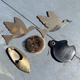 Vintage Metal Birds, Flower Frog, Made In India Shoe, & Magnifying Glass (Garage)
