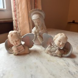 Set Of 3 Vintage Lamore China Figurines, 2 Angel Cherub And Virgin Mary Figurines (lRoom)