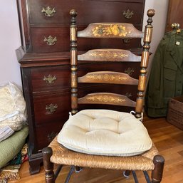 Vintage Wooden Stenciled Rush Seat Ladderback Chair (bed1)