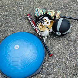 Sporting Good Lot With Hockey Helmet, Bat, Medicine Ball & Bosu Balance Trainer (Garage)