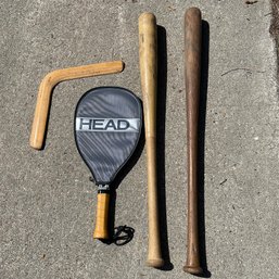 Vintage Sporting Goods Including Boomerang, Wooden Roger Maris Bat, & Racquetball Racquet (Front Entry)