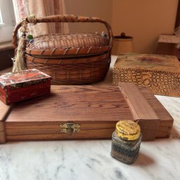 Lot Of Vintage Decorative Storage, Calligraphy Items, Wooden Boxes, Medicine Tin, Woven Lidded Basket (LRoom)